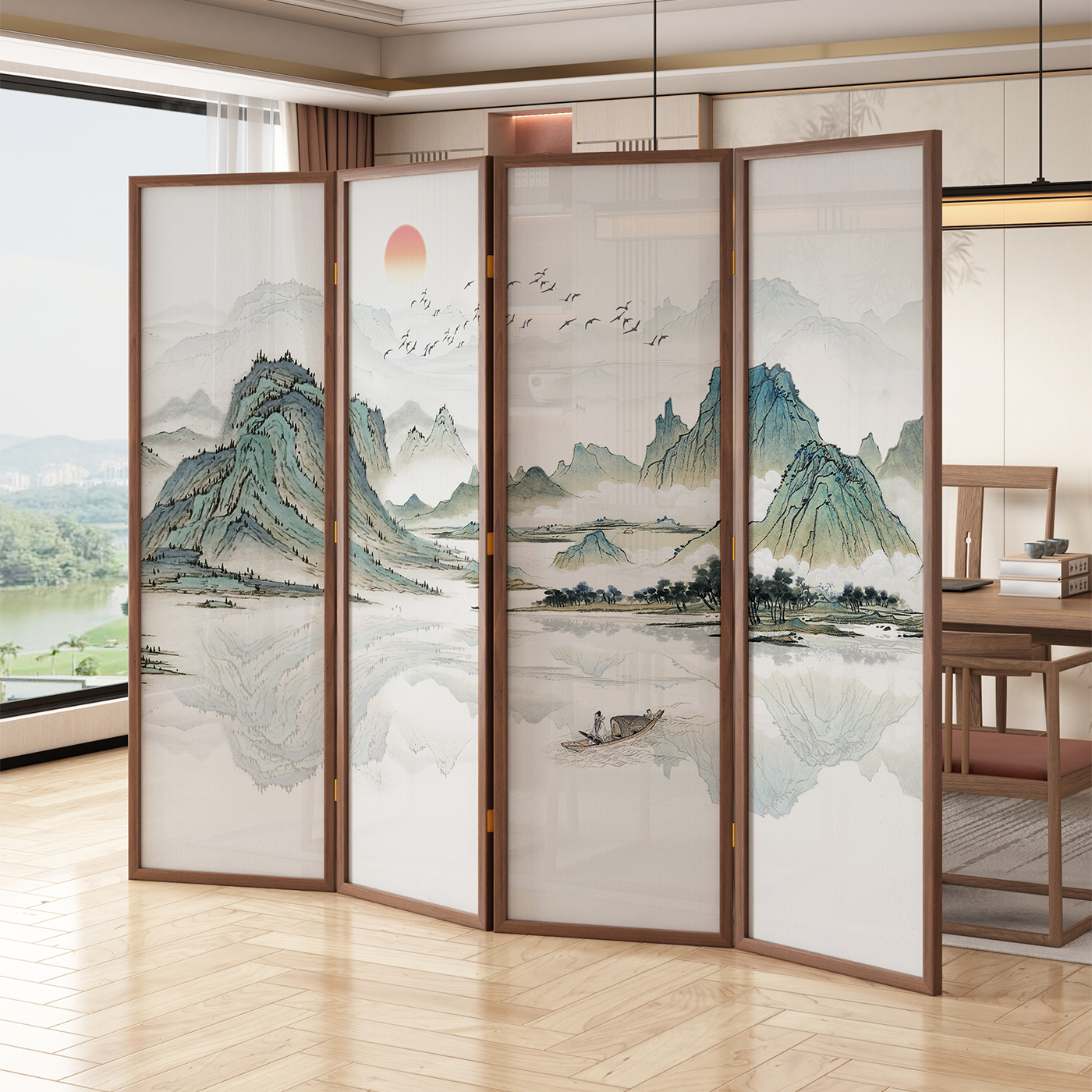 新中式实木移动折叠屏风隔断办公室门酒店会客厅透光青龙白虎山水