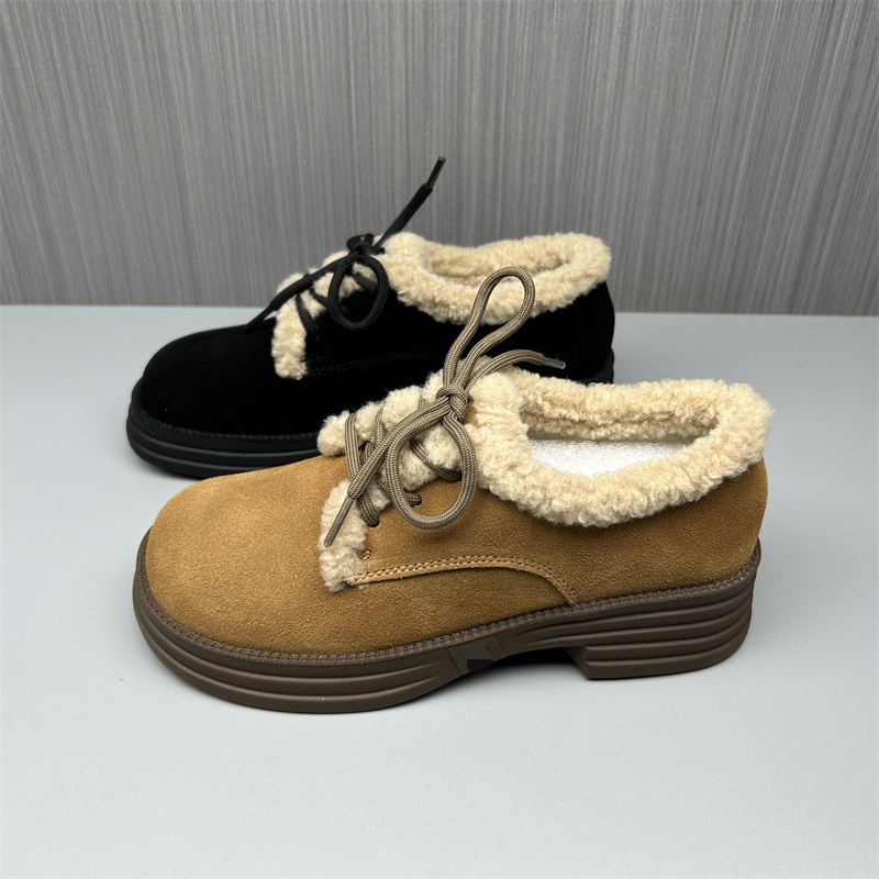 品牌撤柜断码处理冬季加棉真皮女鞋圆头系带英伦风平跟保暖棉鞋