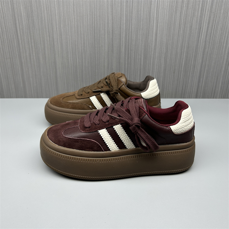 2025春季新款真皮厚底德训鞋女圆头系带拼色舒适百搭防滑运动鞋潮