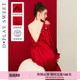 DPLAYSWEET法式 美背睡裙缎面性感新娘结婚睡衣 慵懒红色本命年长袖