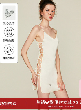 DPLAYSWEET法式性感纯欲绑带白色缎面吊带睡裙女士烫饰睡衣2026夏