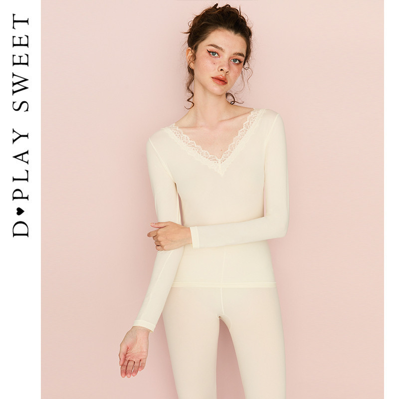 DPLAYSWEET无痕隐形蕾丝拼接保暖内衣美肤肌底衣V领内搭上衣新品