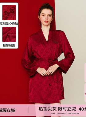 DPLAYSWEET法式简约红色缎面蝴蝶结提花睡袍短款结婚晨袍外套新品