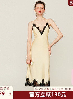 DPAIYSWEET法式性感黄色蕾丝吊带缎面美背睡裙长裙女25年冬新品
