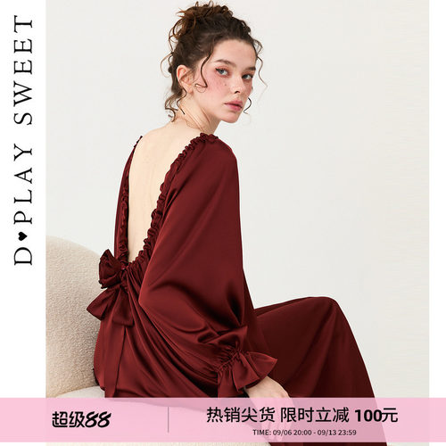 后背手工玫瑰花/丝滑缎面/深v美背设计