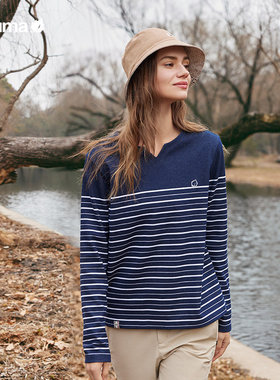 LAFUMA乐飞叶户外秋冬速干圆V领长袖T恤女条纹打底上衣LFTS4CL63