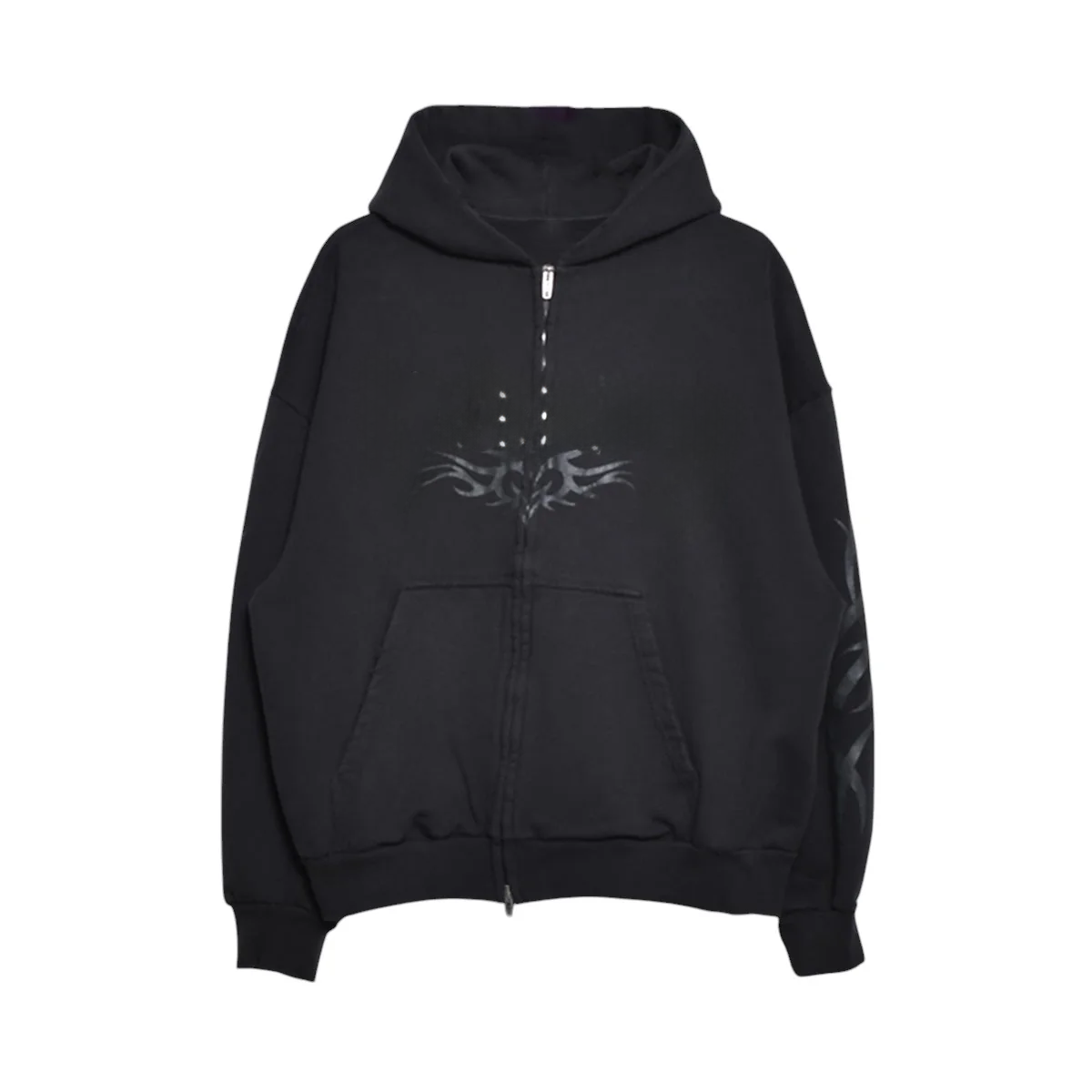 Ba24FW Y2K黑色龙纹拉链卫衣 手工磨破 可撕裂印花hoodie