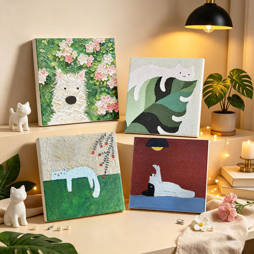 中古风可爱狗狗猫咪肌理画DIY