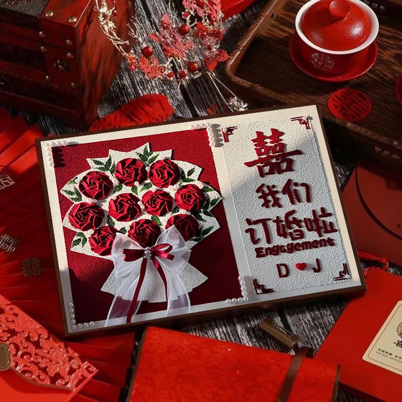 玫瑰花订婚手工礼物肌理画结新婚