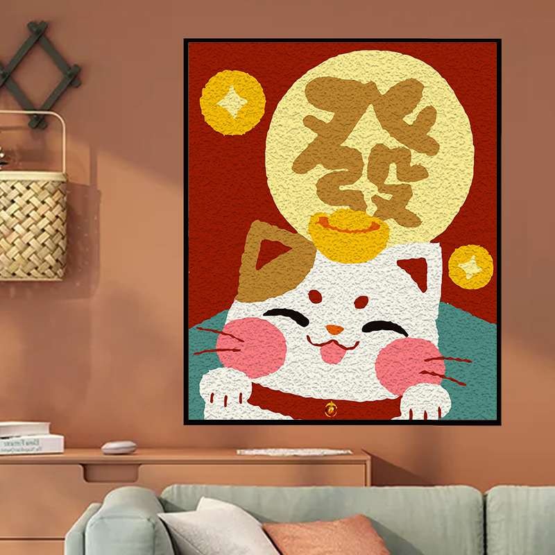 招财猫咪石英砂丙烯肌理画DIY数字油画手工填充填色客厅装饰挂画图片