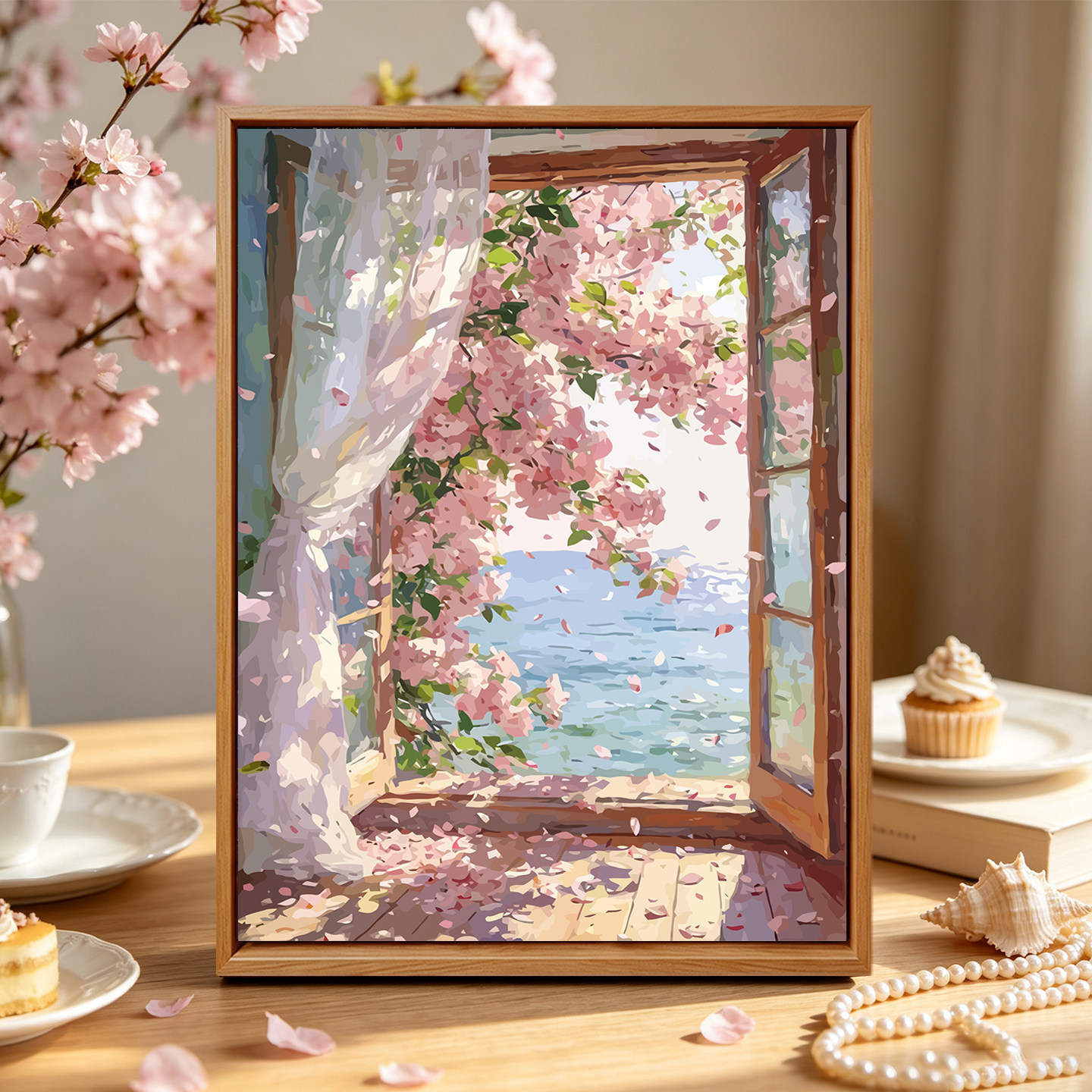 治愈系风景樱花大海DIY数字油画