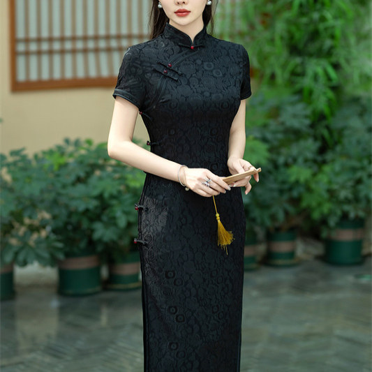 玫瑰花绸缎双面提花2026新款旗袍日常修身新中式气质高级长连衣裙