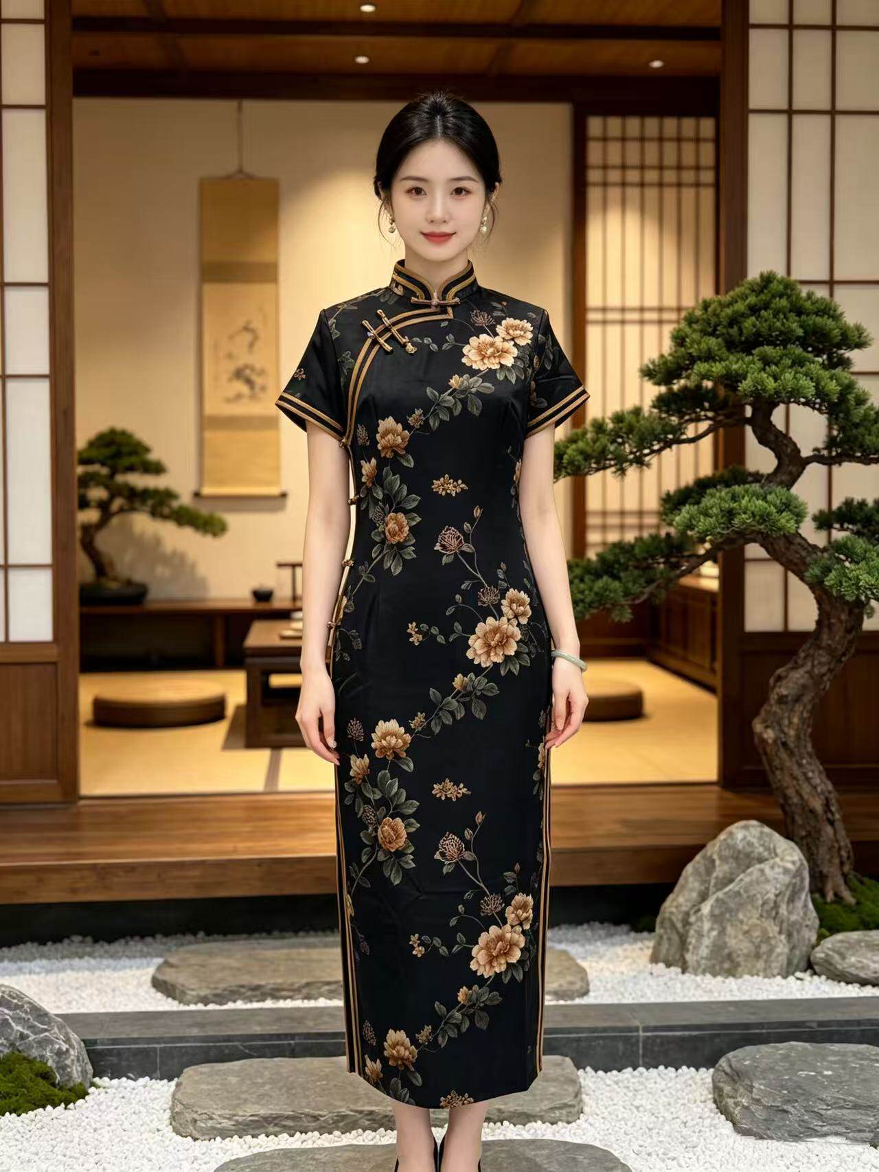 气质黑底牡丹日常中国风显瘦高贵气质高端旗袍新中式女款大码新款