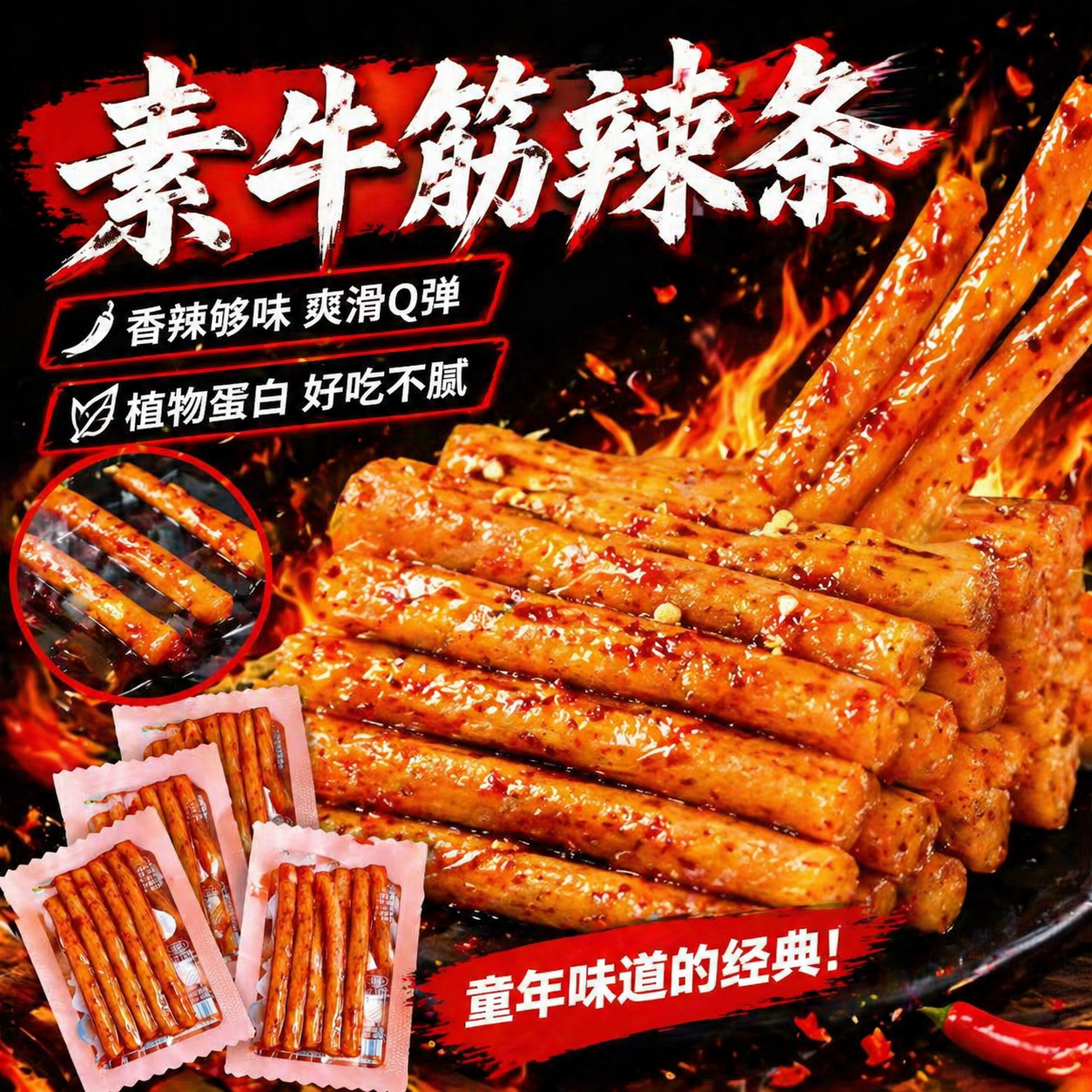 牛筋辣条怀旧休闲面筋素牛筋休闲零食解馋小吃批发麻辣辣条豆筋