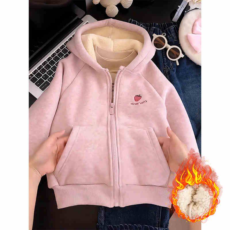 女童加绒外套秋冬款2025新款儿童女大童加厚连帽开衫保暖卫衣洋气