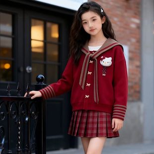 女童新年洋气红针织披肩毛衣中大儿童装女初中生学院风喜庆拜年服