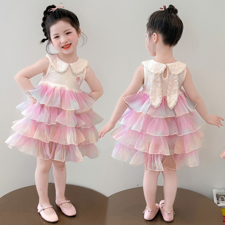 2026新款夏季女童浅粉色蛋糕裙公主风连衣裙百搭生日礼服裙子