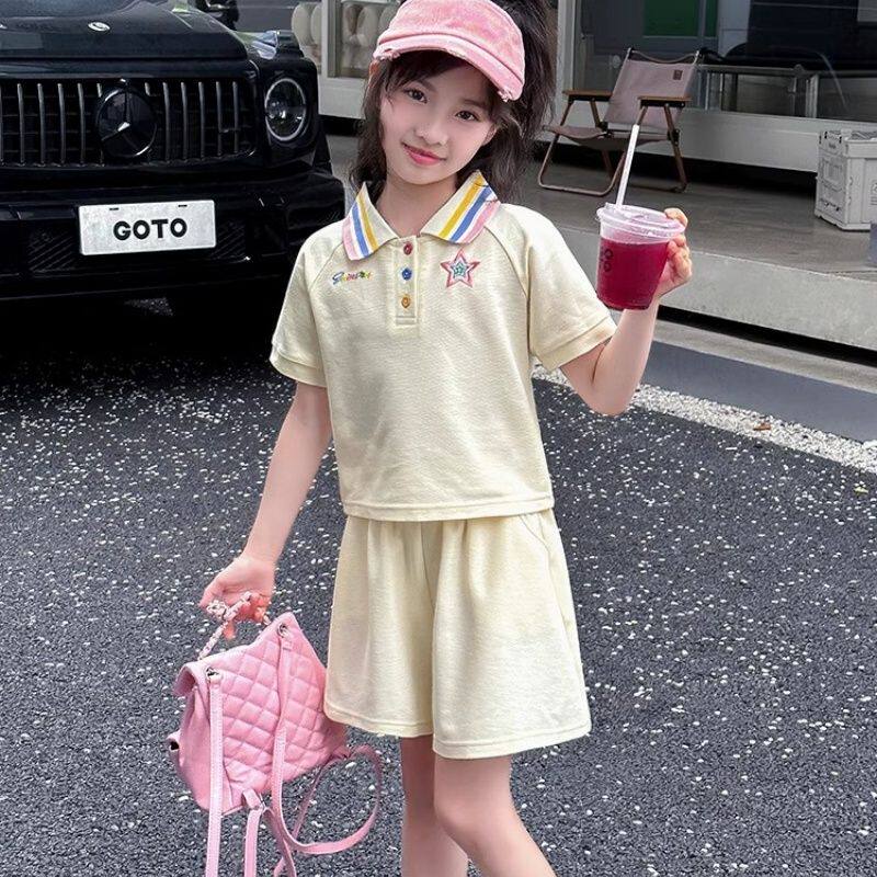 女童短裤套装穿搭2026新款洋气T恤运动儿童装短袖POLO衫夏季