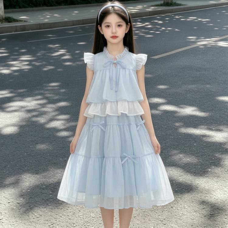 2026新款夏季甜美公主裙女童蓝色蓬蓬裙百搭生日礼服连衣裙