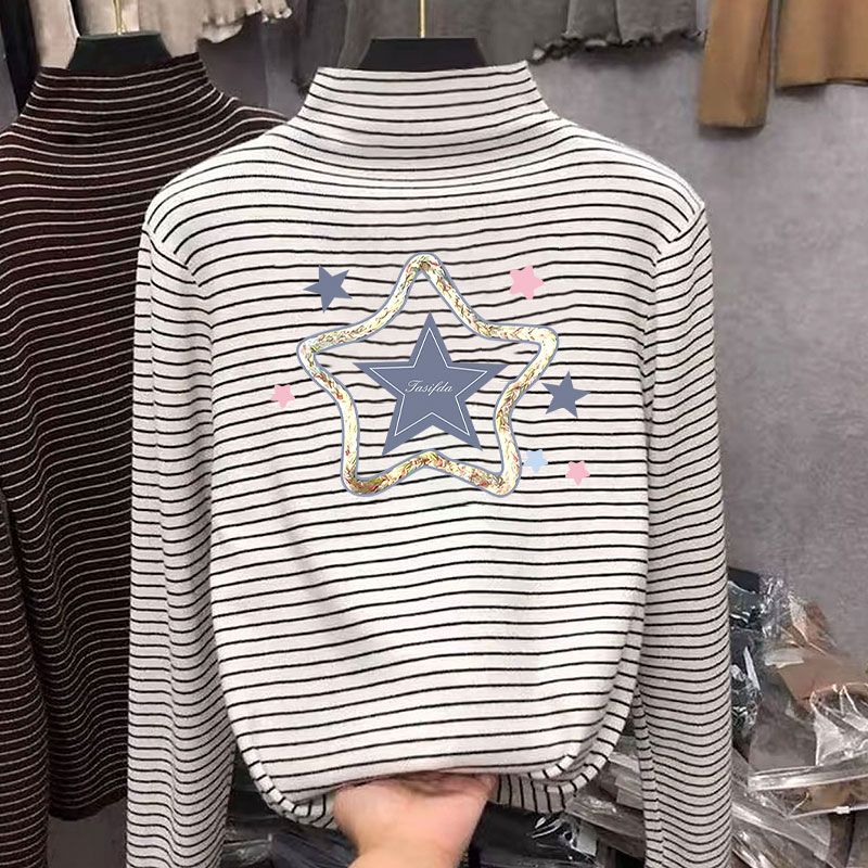 男女童半高领加绒条纹长袖打底衫秋冬季内搭儿童装中大童上衣