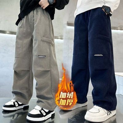 儿童装男童冬季加绒裤子2025新款中大童秋冬款运动加厚灯芯绒卫裤