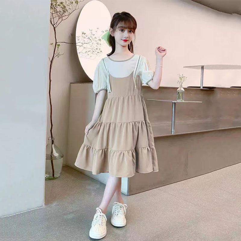 爆款女童连衣裙夏装2025新款雪纺公主裙女生儿童假两件吊带童装