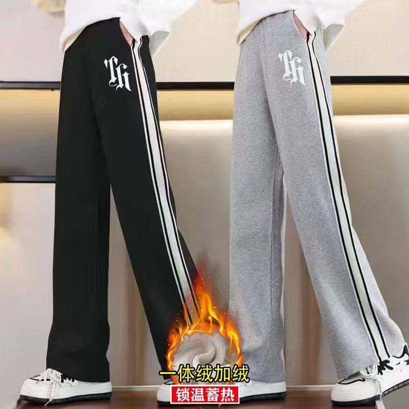 女童裤子2025秋冬新款阔腿裤儿童加绒直筒卫裤冬季女孩大童运动裤