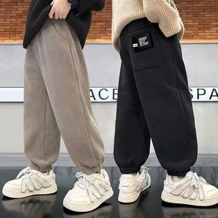 男童加绒卫裤秋冬装儿童一体绒长裤2025新款大童宽松男孩小脚裤紫