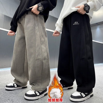 儿童装男童冬季加绒裤子2025新款中大童秋冬款运动加厚灯芯绒卫裤