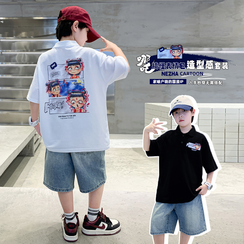 两件套牛仔裤男童polo衫短袖t恤夏季外穿帅气男孩短裤牛仔儿童夏X