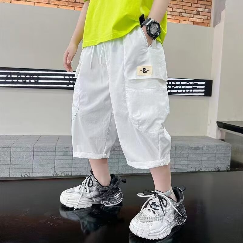 男童夏季纯棉工装短裤2025薄款中大童男孩白色七分裤宽松五分裤潮