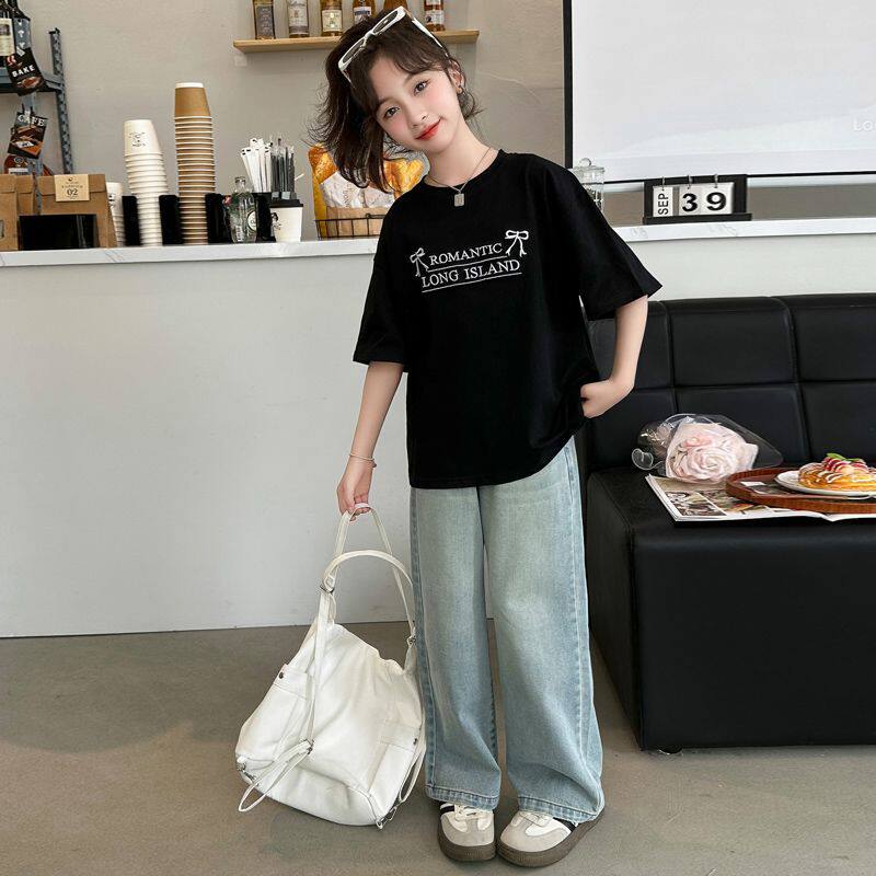 两件套女童夏装套装女大童休闲儿童装阔腿裤牛仔裤夏季短袖T恤