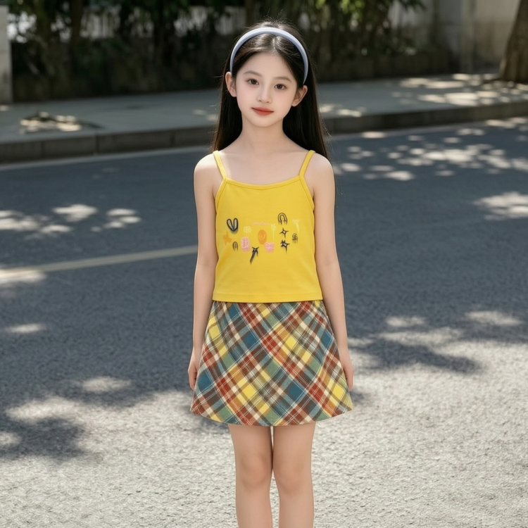 2026新款夏季女童黄色吊带裙格子短裙时尚百搭可爱连衣裙