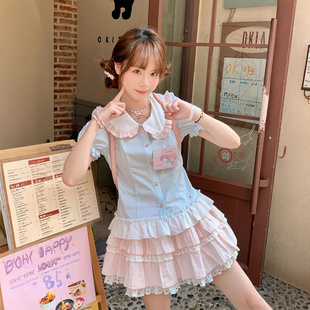 娃娃领衬衫 中大童夏季 女童装 蛋糕裙子套装 新款 甜美学院风短裙夏装