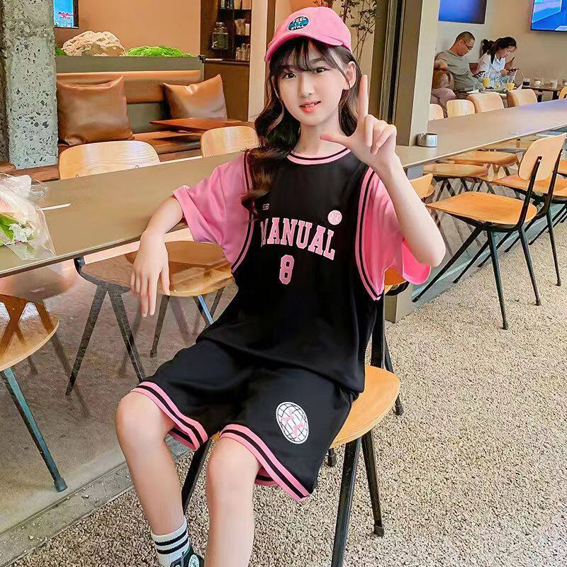 女童夏装套装2026新款夏季运动服短裤两件套宽松透气篮球衣儿童装
