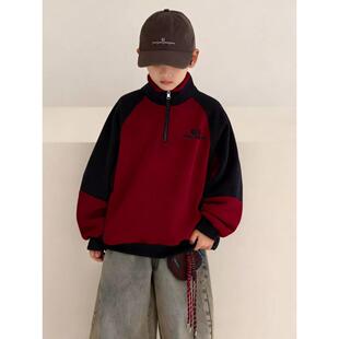 男童红色卫衣秋冬季加绒加厚中大童装冬装喜庆拜年服装2025新款潮