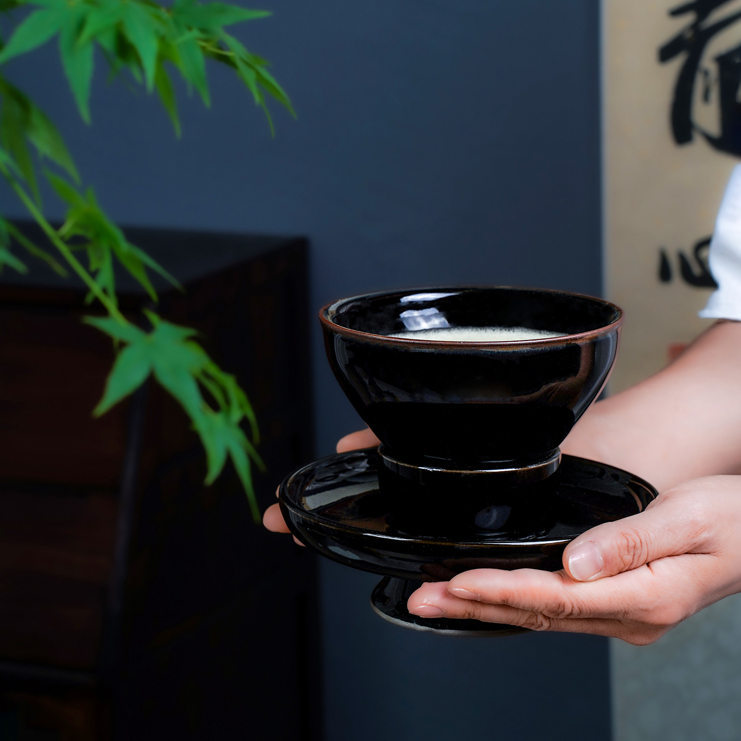 手工乌金黑瓷釉建盏盏托点茶工具