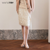 wana try杏色珠片拼纱半身裙早春新款 甜美韩系风百搭直筒中裙