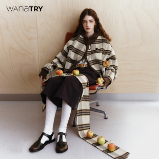 时髦百搭大衣 羊毛外套自带围巾2025秋新品 wana try格纹小圆领短款