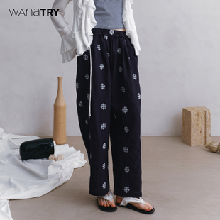 新品 2025夏季 try藏青色亚麻绣花假日感小个子长裤 wana