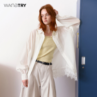 try休闲上衣2025新品 wana 白色蕾丝边通透感廓形衬衫 明星同款