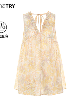 wana try苎麻复古水墨花卉叠穿背心2025夏季新品黄色温柔韩系上衣