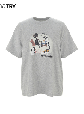 wana try可爱印花百搭休闲短袖2025夏季新品灰色宽松显瘦T恤女