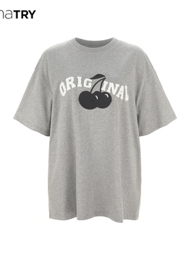 【明星同款】wana try纯棉植绒樱桃短袖T恤25夏新品灰色简约上衣