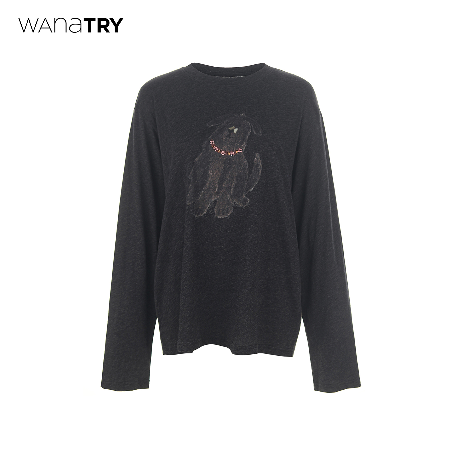 wanatry钉珠小狗印花长袖T恤女