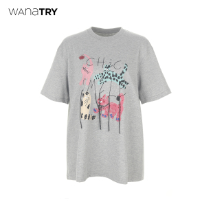 百搭休闲短袖 新品 女 try纯棉涂鸦小猫重工精致T恤2025夏季 wana