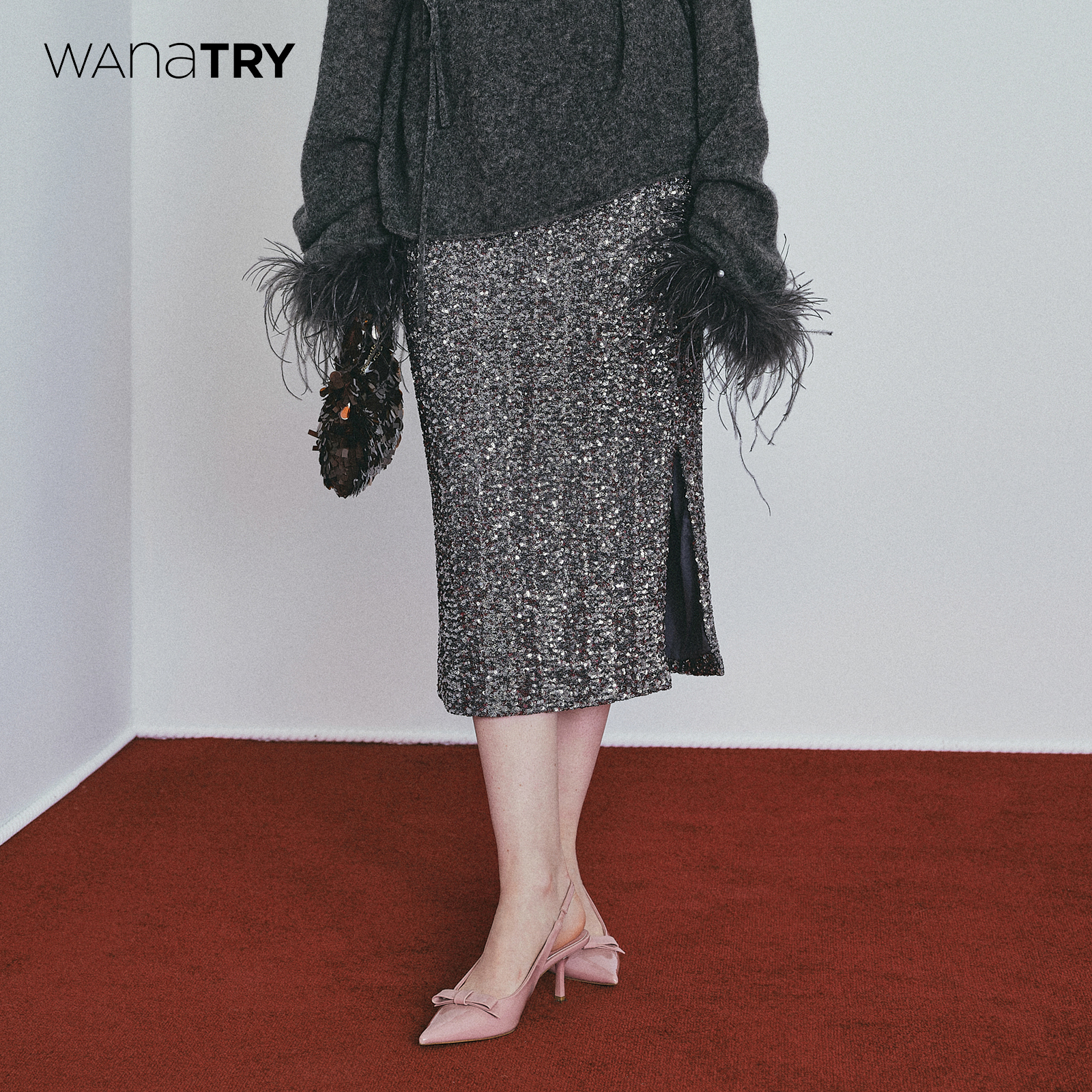 wanatry韩系开衩亮片半身裙