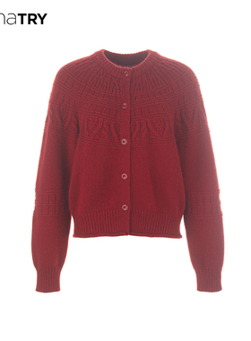 wana try羊毛慵懒感绞花针织开衫25冬季新品复古红韩系简约上衣女