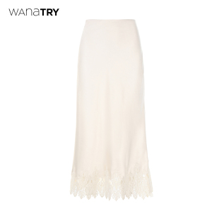 try蕾丝拼接缎面长裙春新品 wana 米杏色时髦简约半裙 明星同款