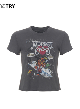 wana try纯棉卡通趣味做旧涂鸦T恤2025夏季新品灰色百搭休闲短袖